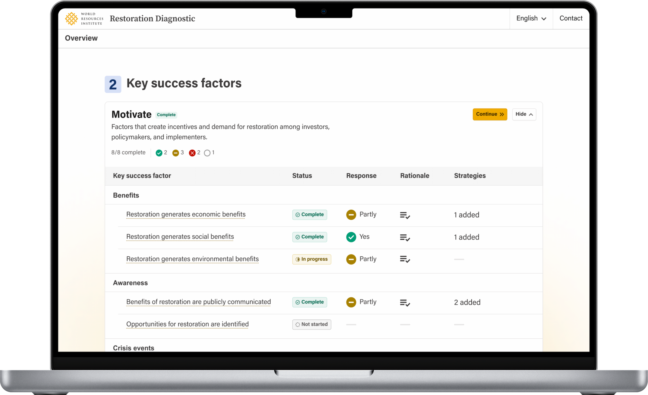 Restoration Diagnostic tool interface